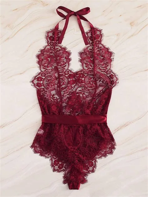 Patterned Lace Halter Teddy