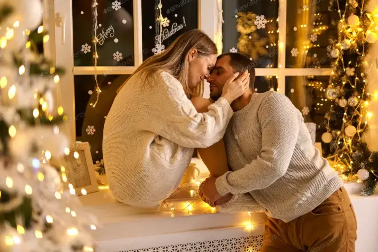 Christmas portrait close up romantic sensual couple in love